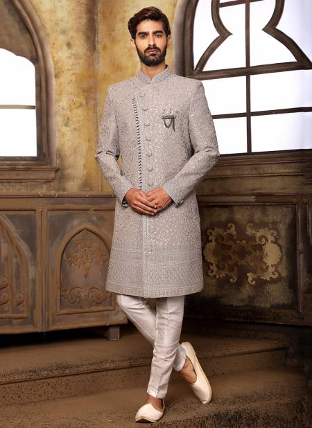 Dark Gray Colour Party Wear Jacquard Nawabi Indo Western Collection 1114